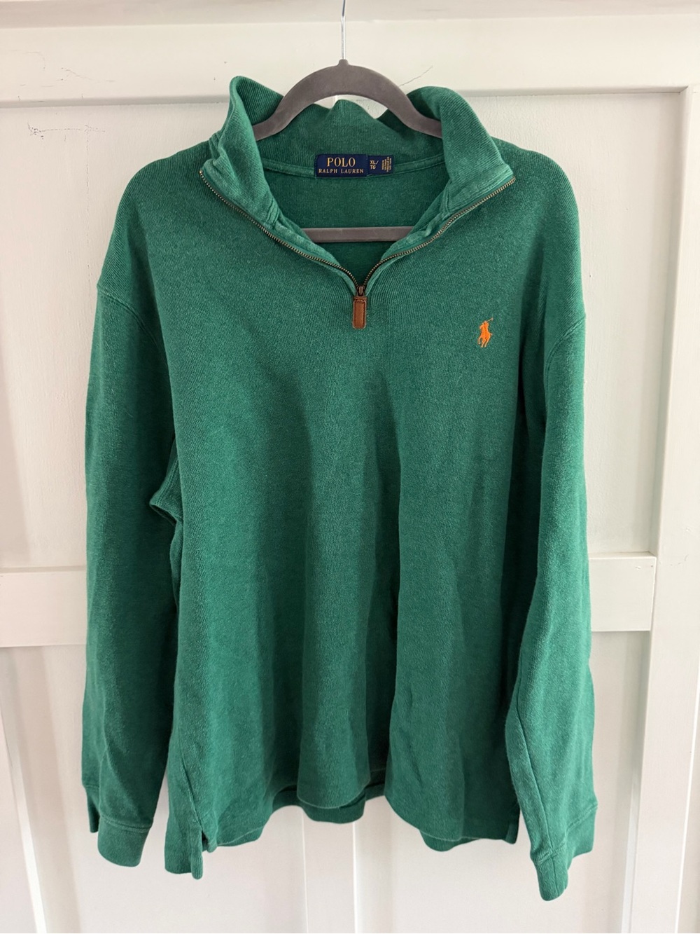 Ralph Lauren Green Quarter-Zip Sweater with Orange Pony